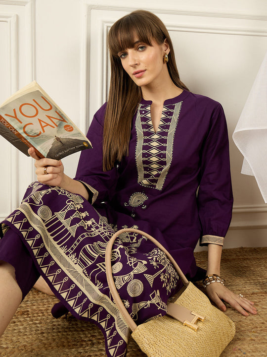 Indo Era Purple Printed Straight Kurta Trousers NA Set