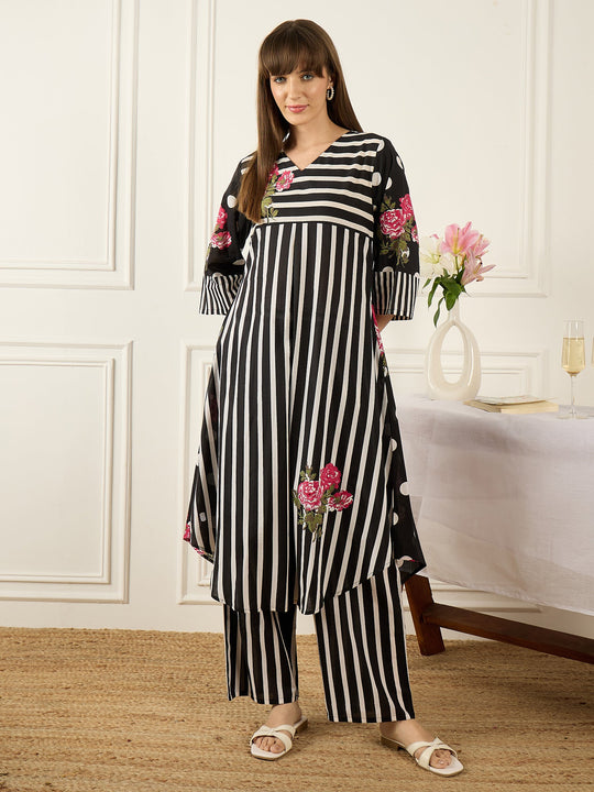 Indo Era Black Printed A-Line Kurta Trousers Set