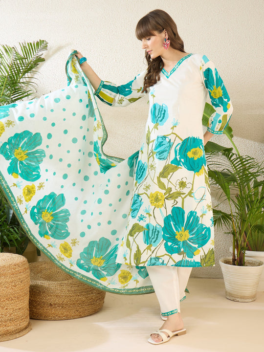 Indo Era White Printed Straight Kurta Trousers With Dupatta Set