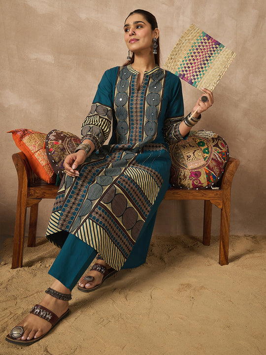 Indo Era Teal Printed A-Line Kurta Trousers Set