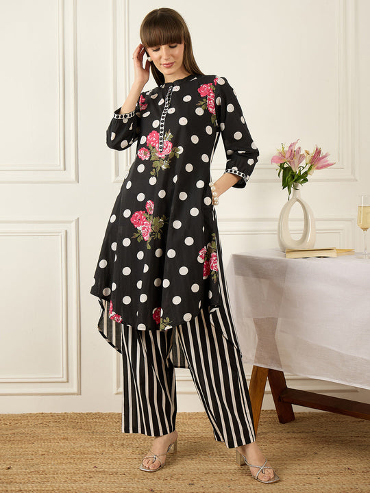 Indo Era Black Printed A-Line Kurta Trousers With Dupatta set