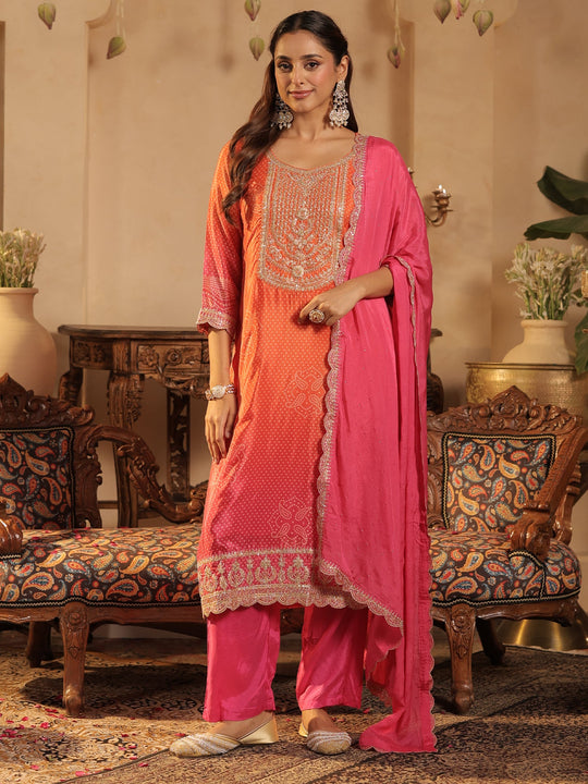 Orange Printed Silk Blend Straight Suit Sets With Dupatta