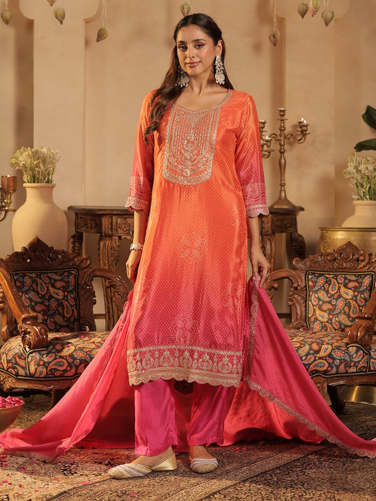 Orange Printed Silk Blend Straight Suit Sets With Dupatta
