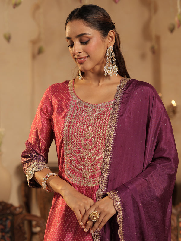 Pink Printed Silk Blend Straight Suit Sets With Dupatta