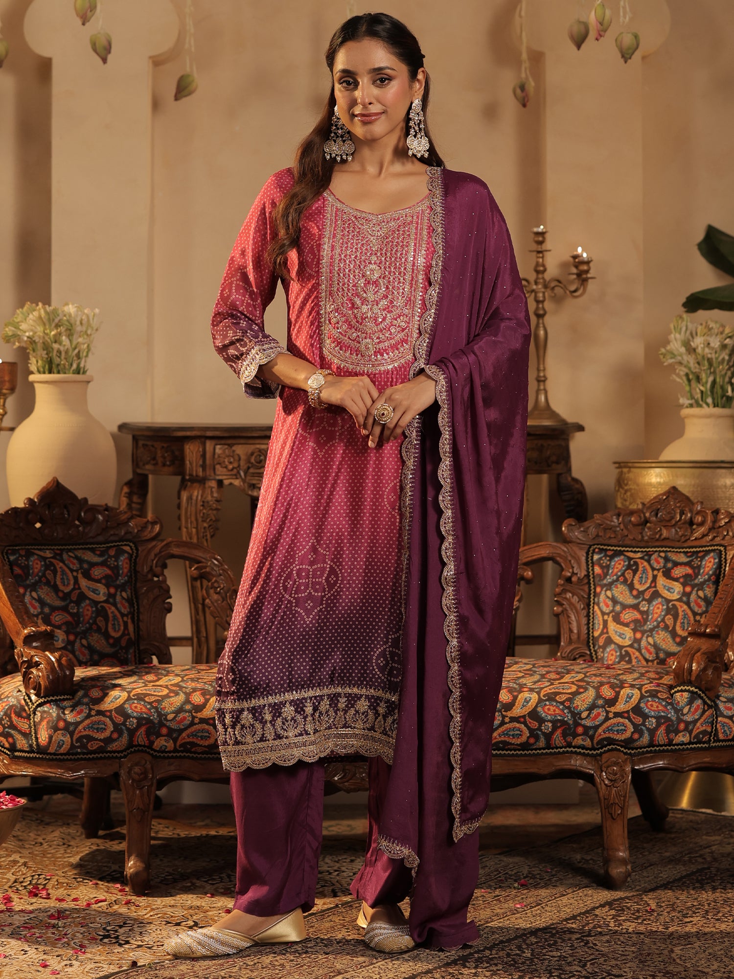 Pink Printed Silk Blend Straight Suit Sets With Dupatta