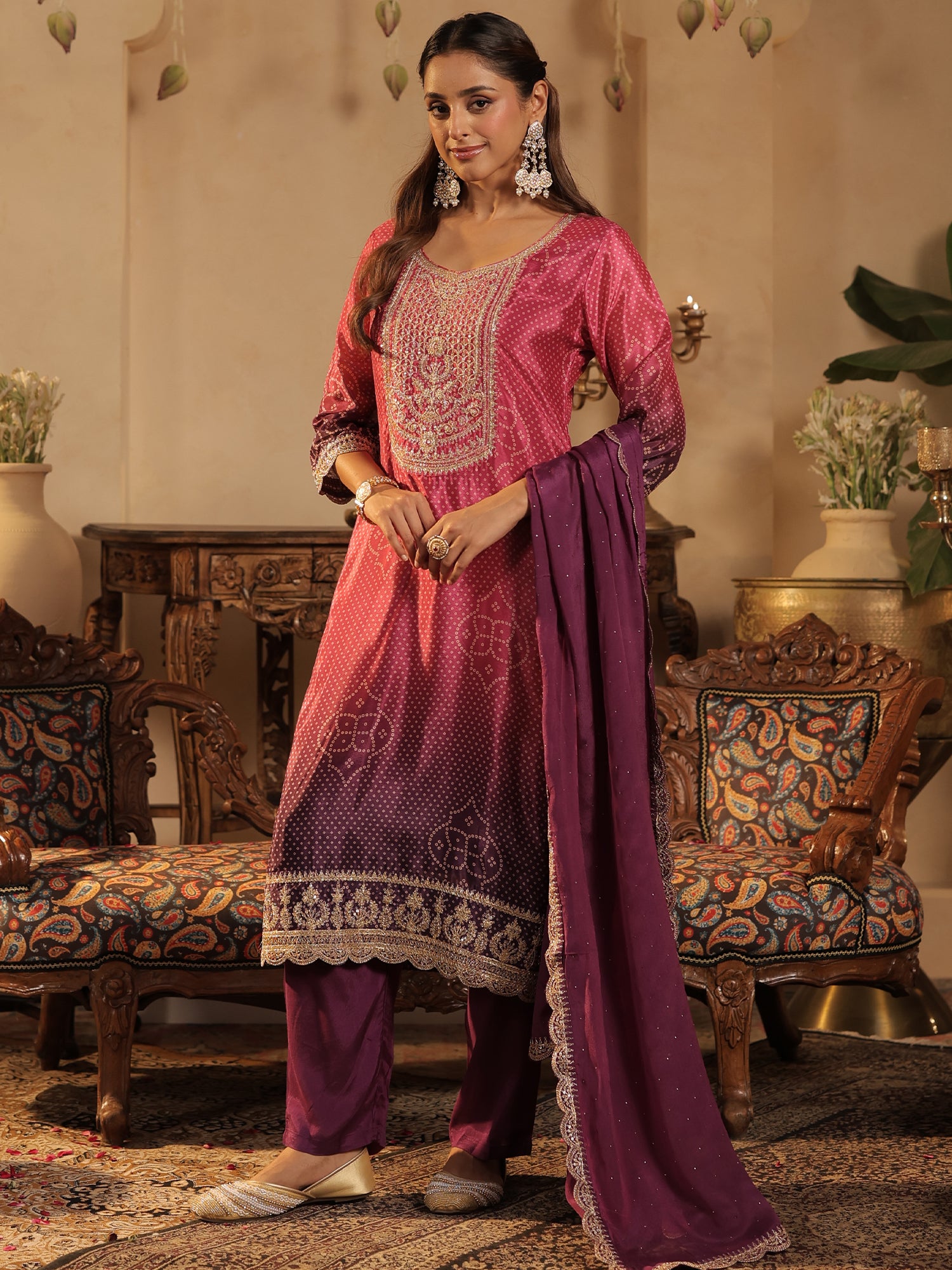 Pink Printed Silk Blend Straight Suit Sets With Dupatta