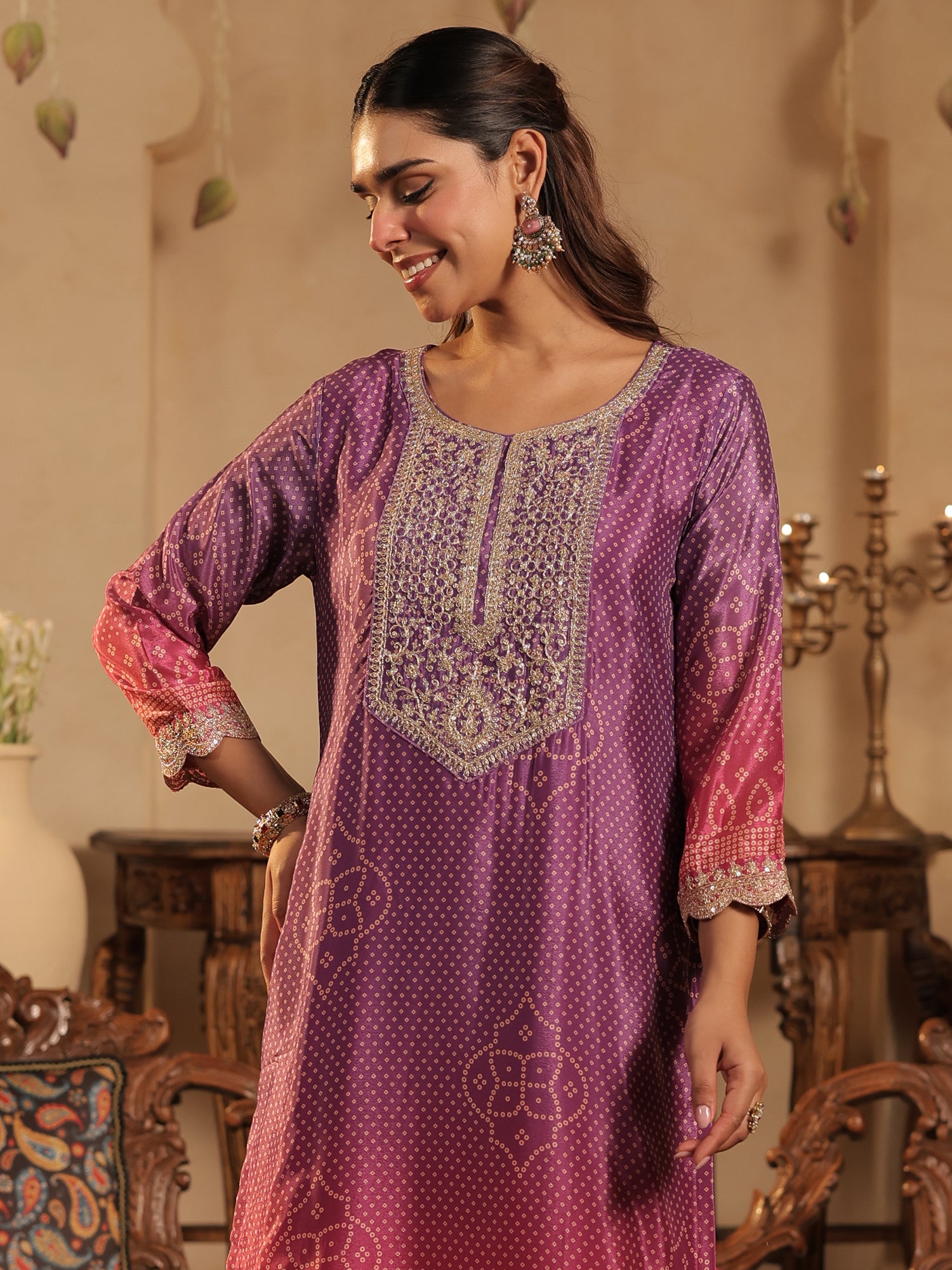 Purple Printed Silk Blend Straight Suit Sets With Dupatta