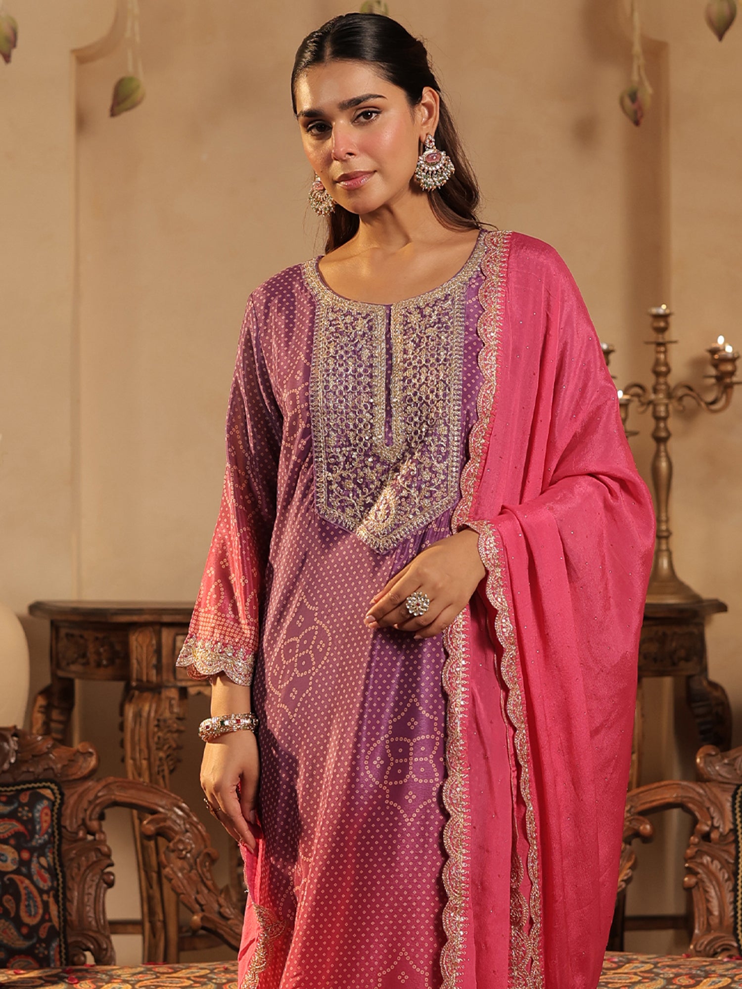 Purple Printed Silk Blend Straight Suit Sets With Dupatta