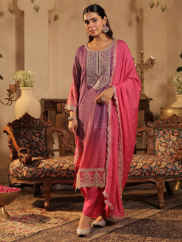 Purple Printed Silk Blend Straight Suit Sets With Dupatta