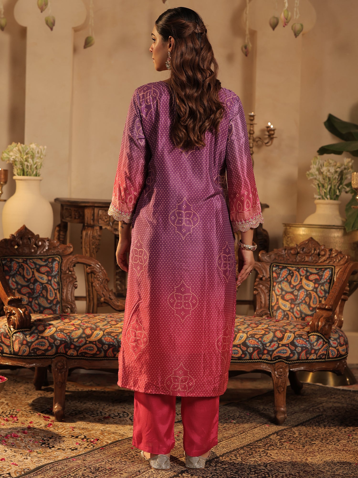 Purple Printed Silk Blend Straight Suit Sets With Dupatta