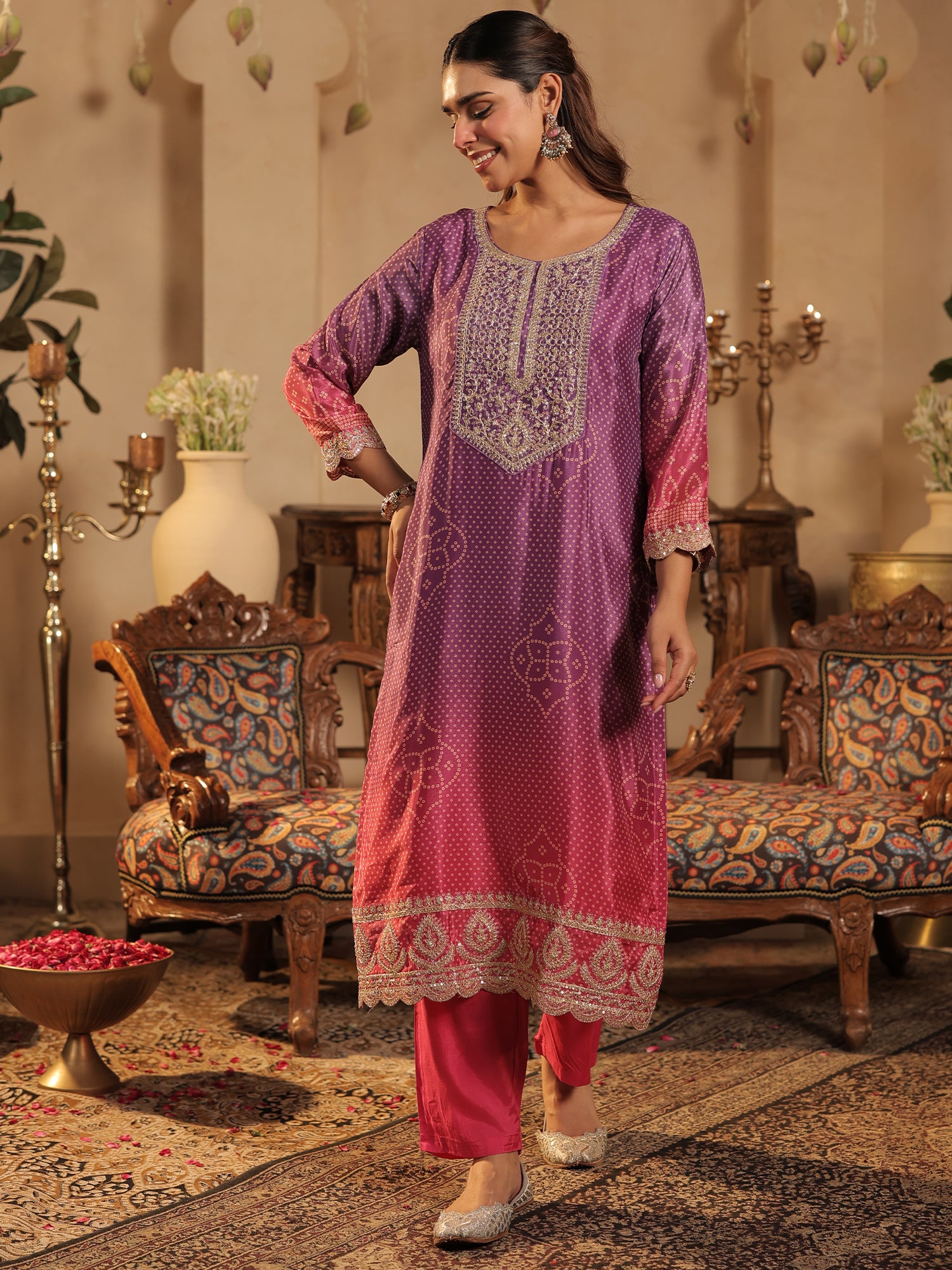 Purple Printed Silk Blend Straight Suit Sets With Dupatta