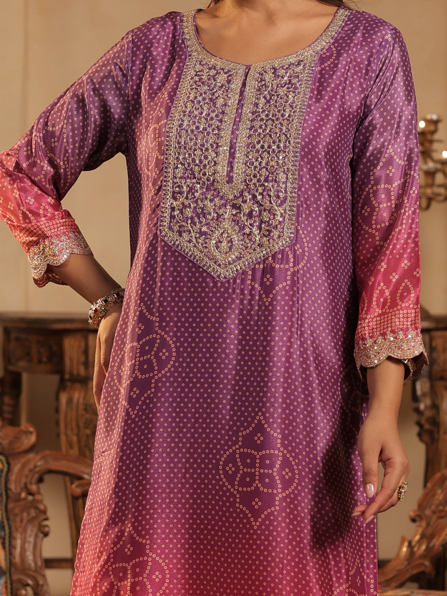 Purple Printed Silk Blend Straight Suit Sets With Dupatta