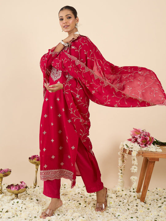Indo Era Pink Embroidered Straight Kurta Trousers With Dupatta set