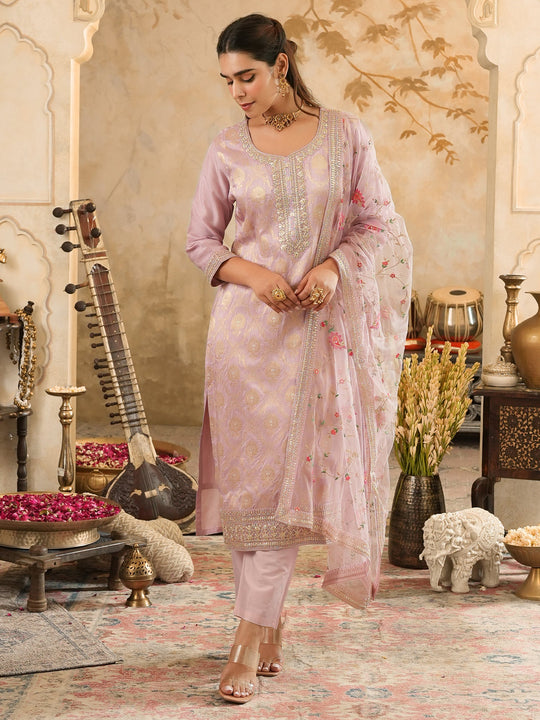 Indo Era Lavender Embroidered Straight Kurta Trousers With Dupatta Set