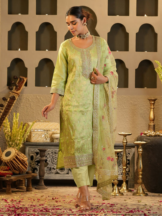 Indo Era Green Embroidered Straight Kurta Trousers With Dupatta Set
