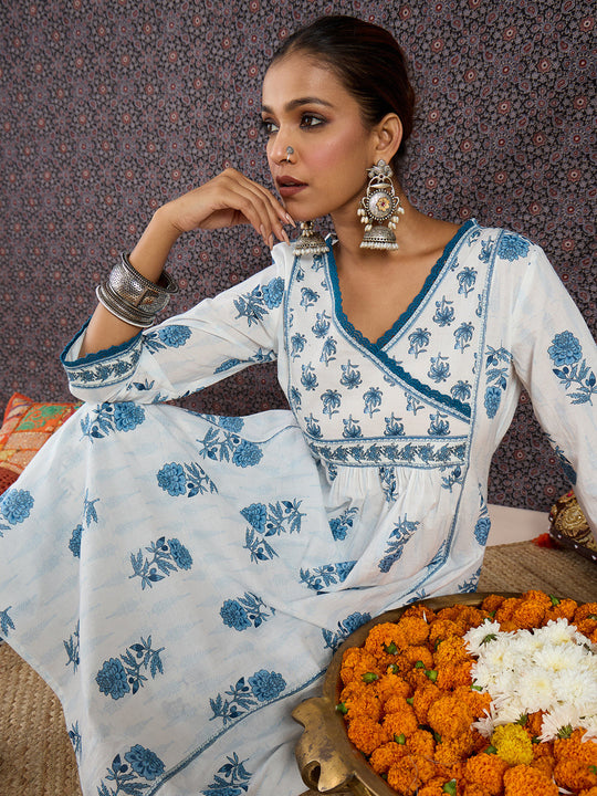 Indo Era White Printed A-Line Kurta Trousers set