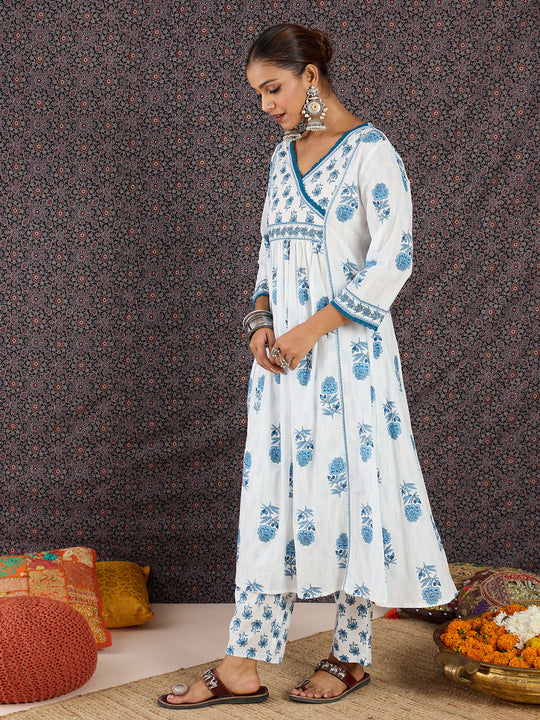 Indo Era White Printed A-Line Kurta Trousers set