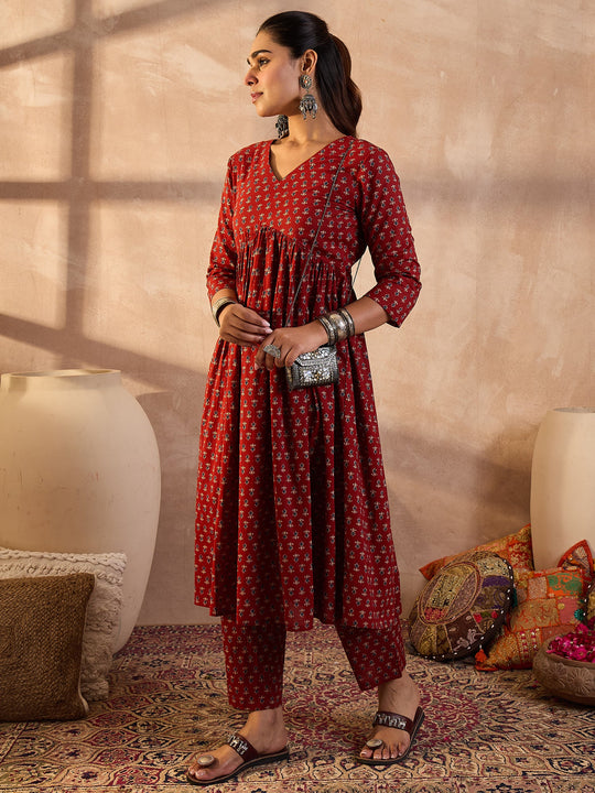 Rust Printed Pure Cotton A-Line Kurta Trousers Set