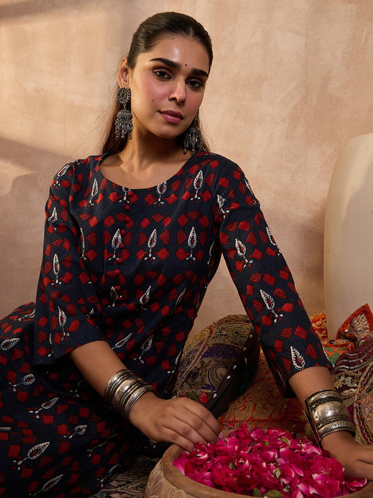 Navy Blue Printed Pure Cotton Straight Kurta Trousers Set