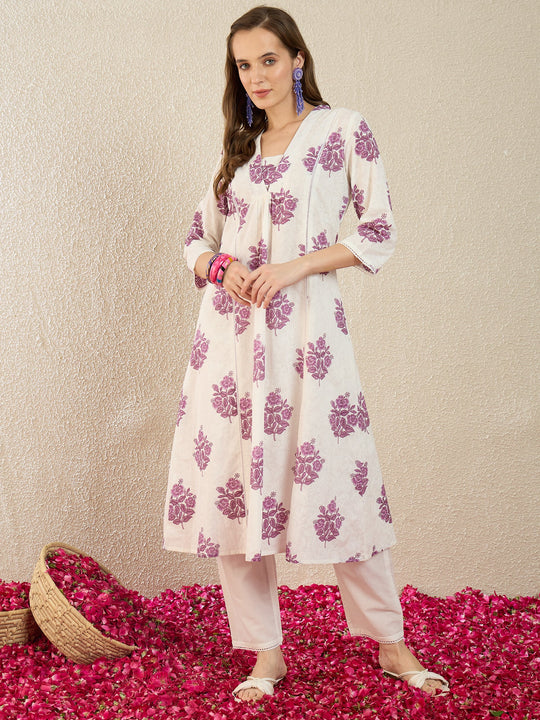 Indo Era White Printed A-Line Kurta Trousers set