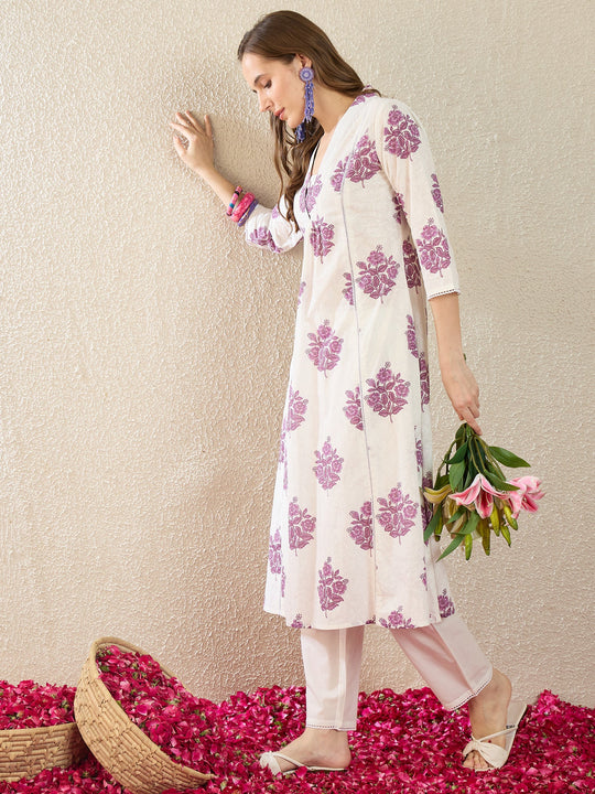 Indo Era White Printed A-Line Kurta Trousers set