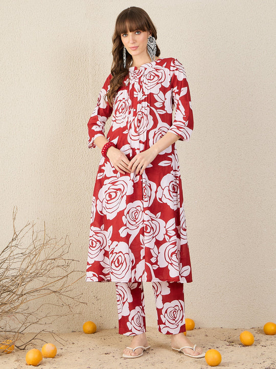Red Printed Pure Cotton Straight Kurta Trousers Set