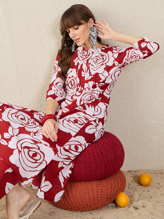 Red Printed Pure Cotton Straight Kurta Trousers Set