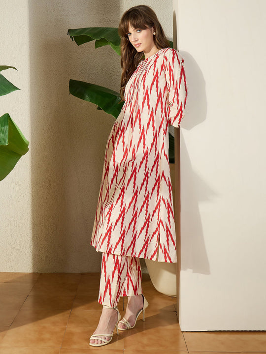 Cream Printed Pure Cotton Straight Kurta Trousers Set