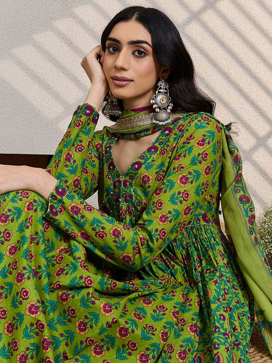 Green Printed Pure Cotton A-Line Suit Sets With Dupatta