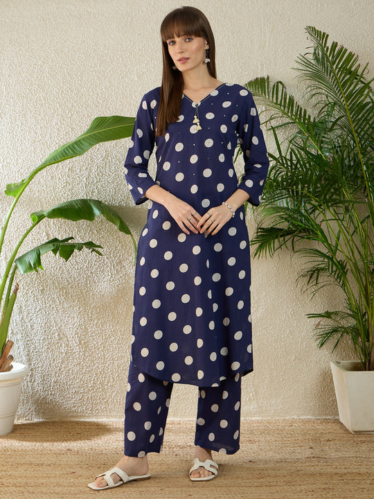 Indo Era Blue Printed Straight Kurta Palazzos Set