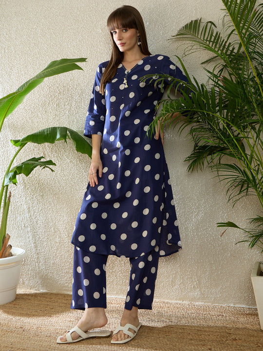 Indo Era Blue Printed Straight Kurta Palazzos Set