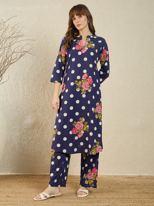 Indo Era Blue Printed A-Line Kurta Trousers Set
