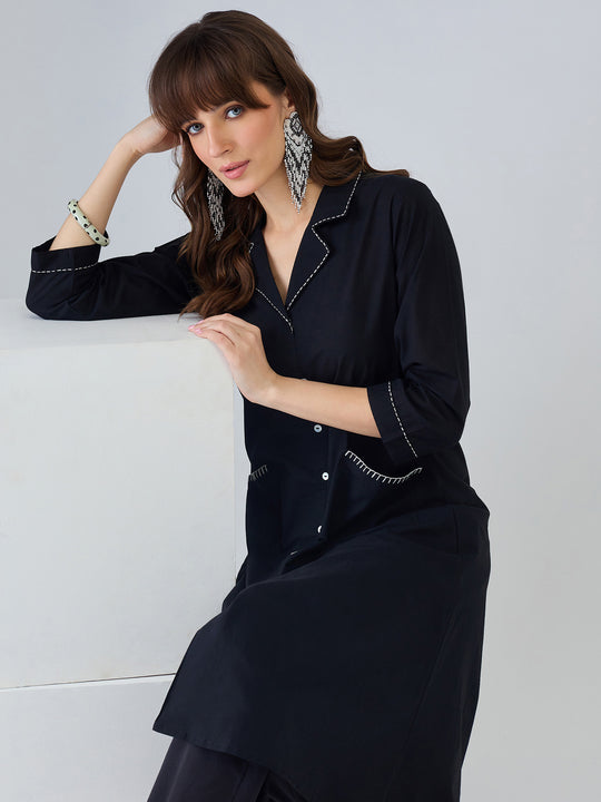 Black Solid Pure Cotton A-Line Kurta Palazzo Set