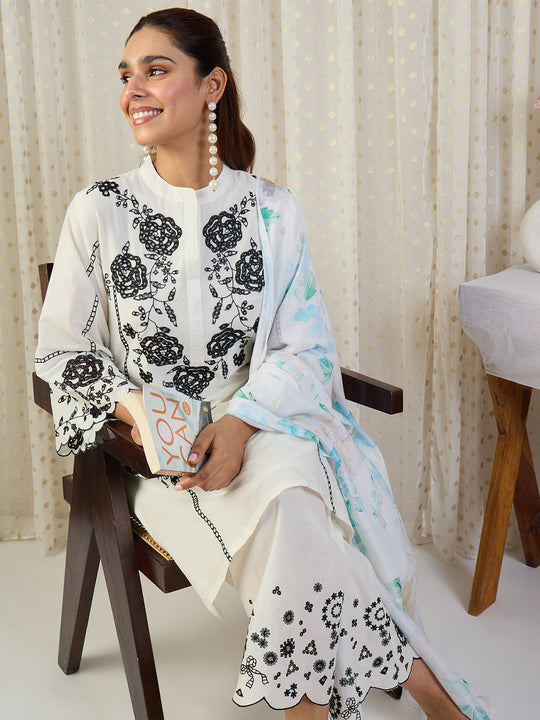 Indo Era Off White Embroidered Straight Kurta Palazzos With Dupatta Set