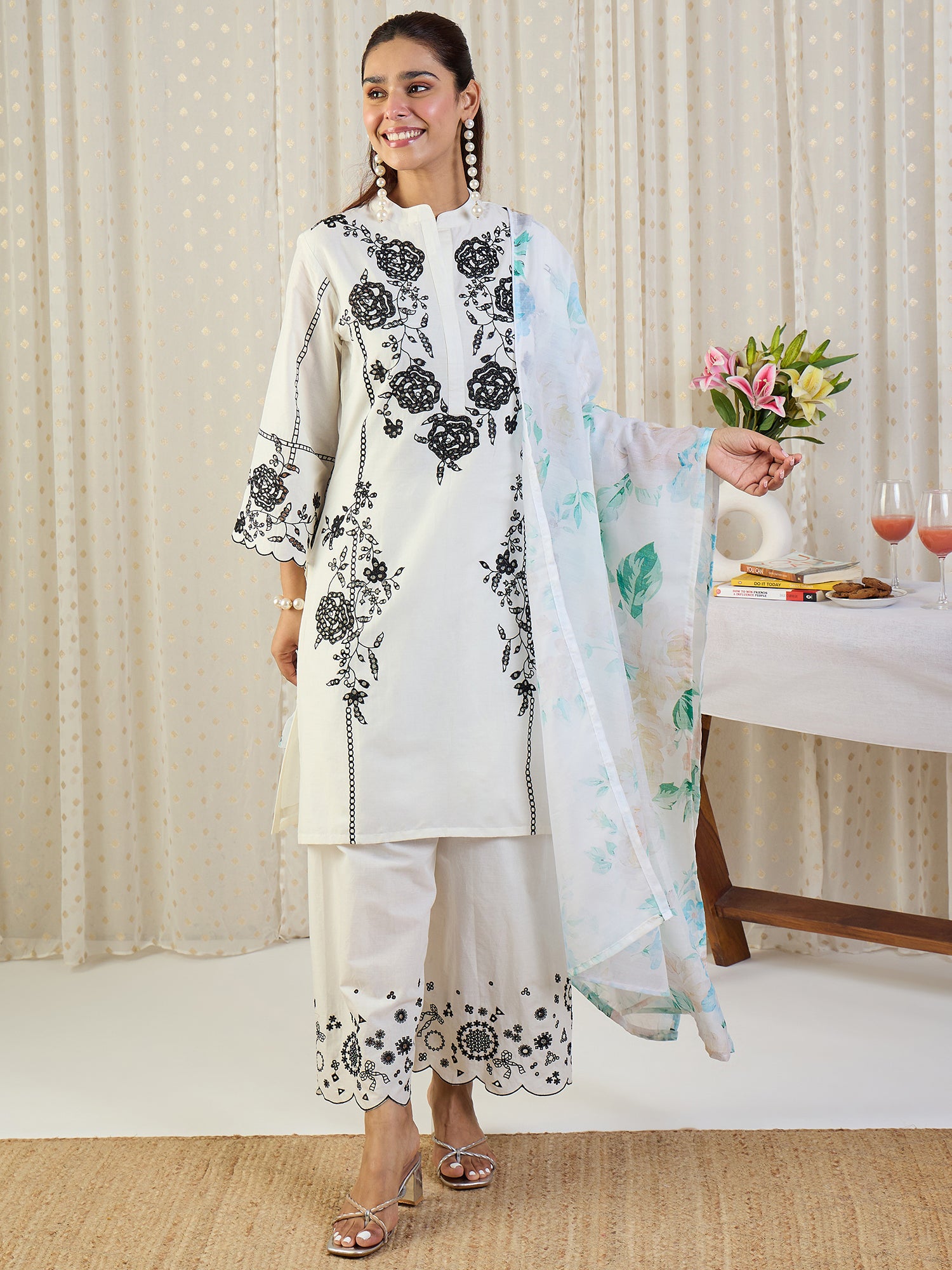 Indo Era Off White Embroidered Straight Kurta Palazzos With Dupatta Set