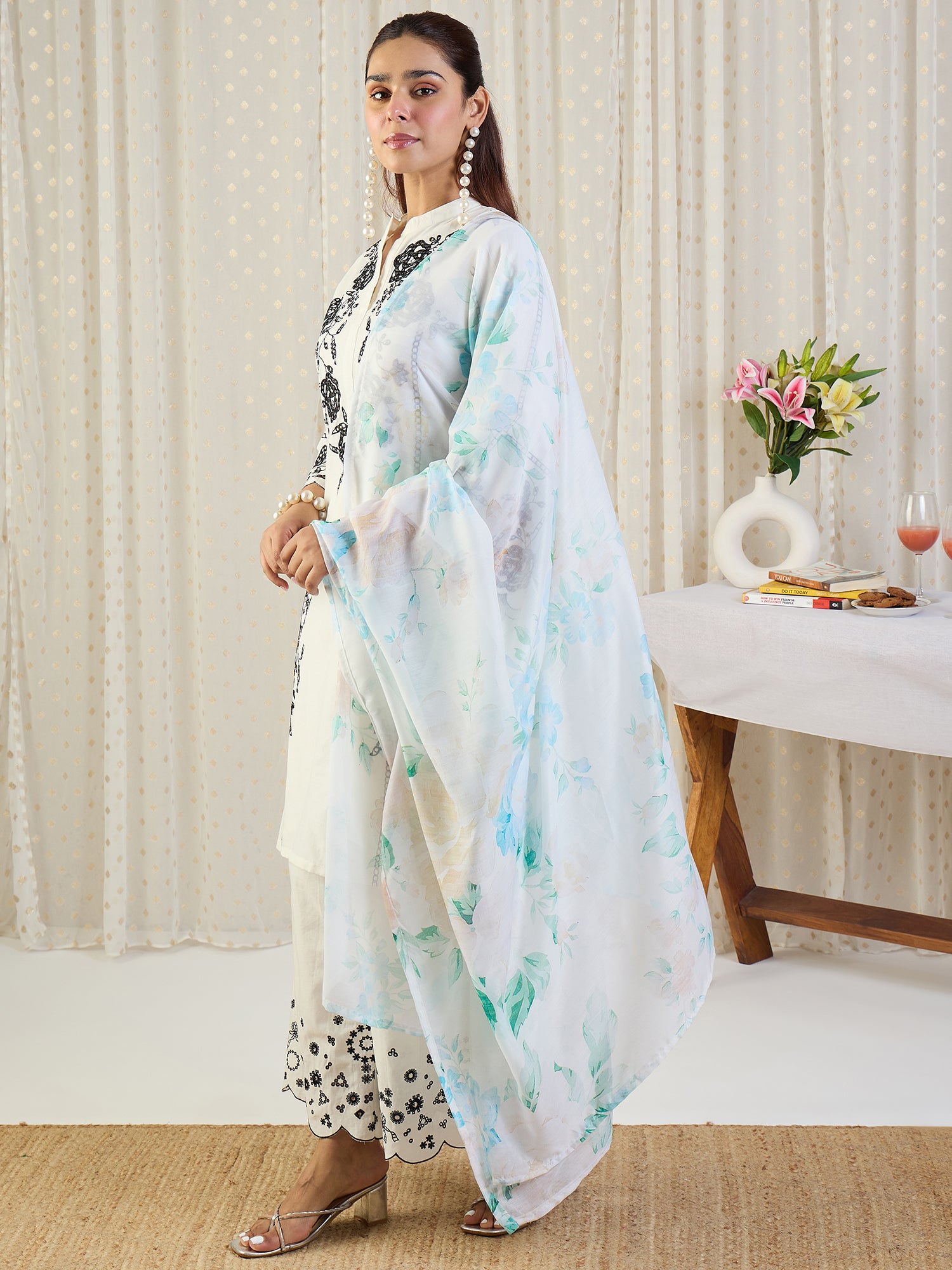 Indo Era Off White Embroidered Straight Kurta Palazzos With Dupatta Set