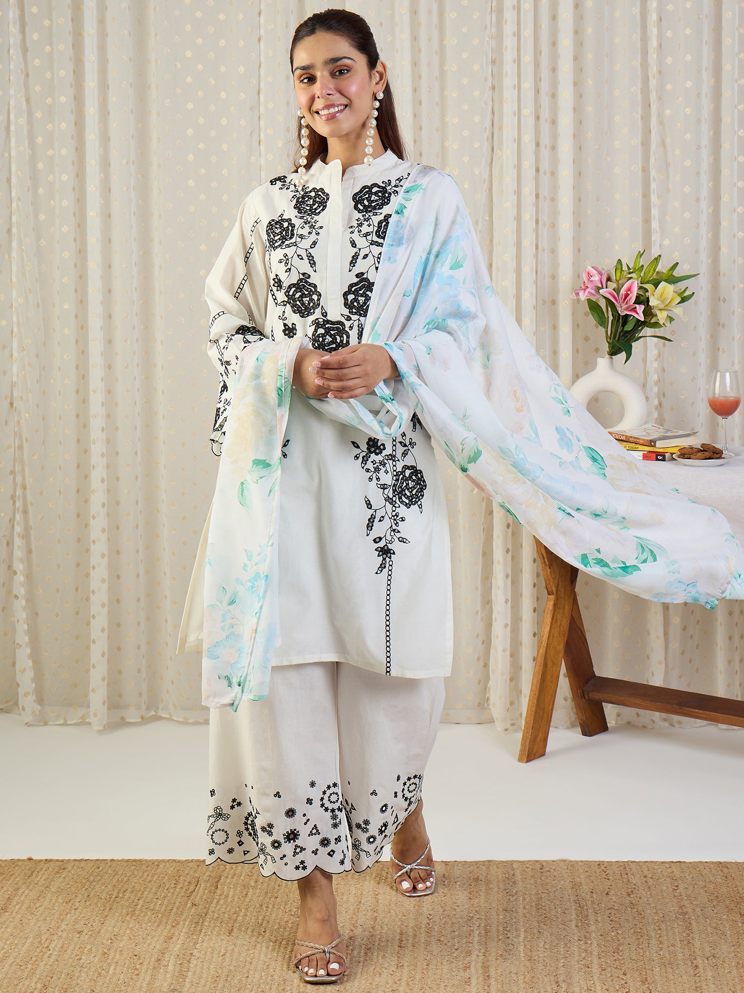 Indo Era Off White Embroidered Straight Kurta Palazzos With Dupatta Set