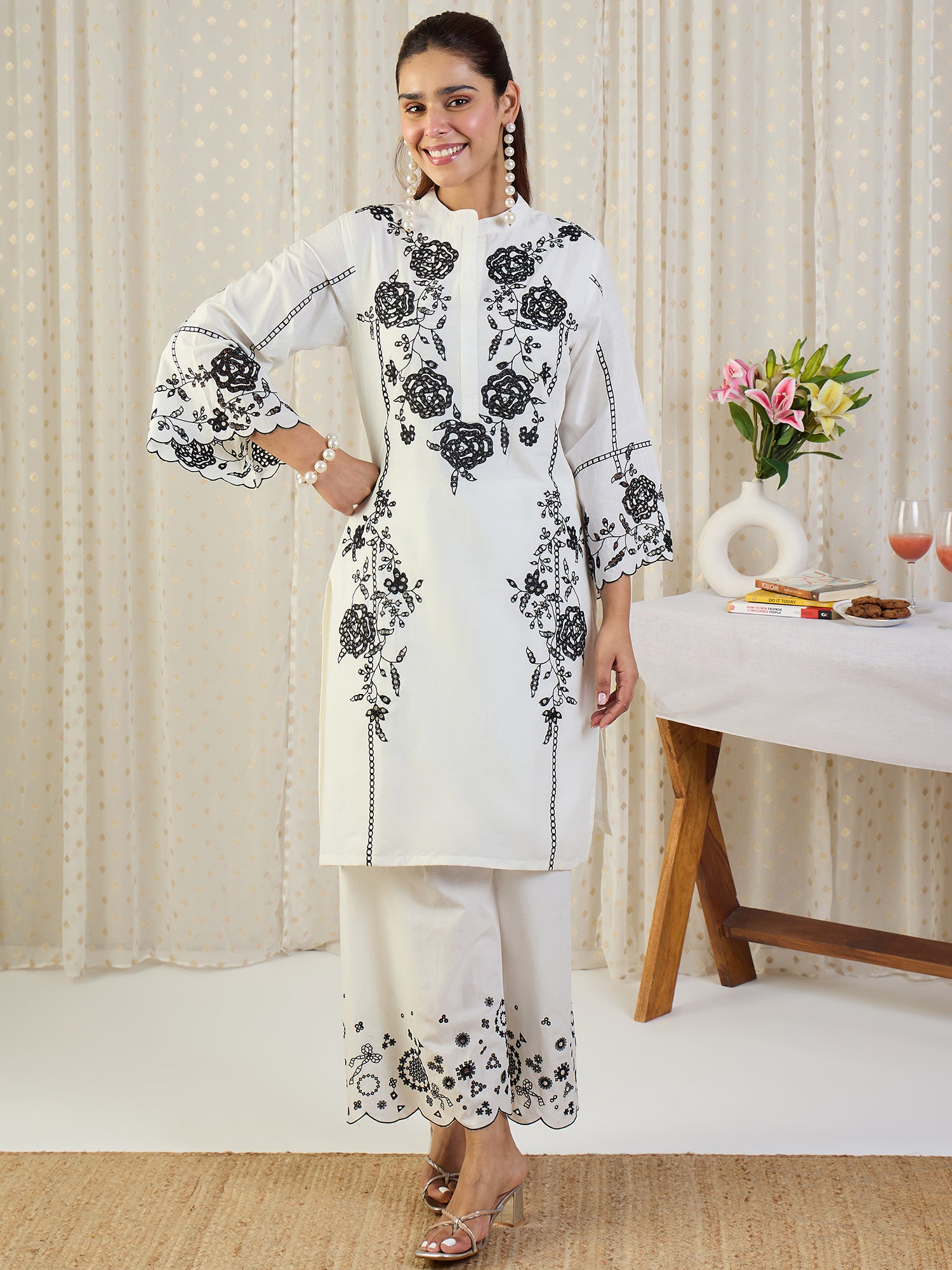 Indo Era Off White Embroidered Straight Kurta Palazzos With Dupatta Set