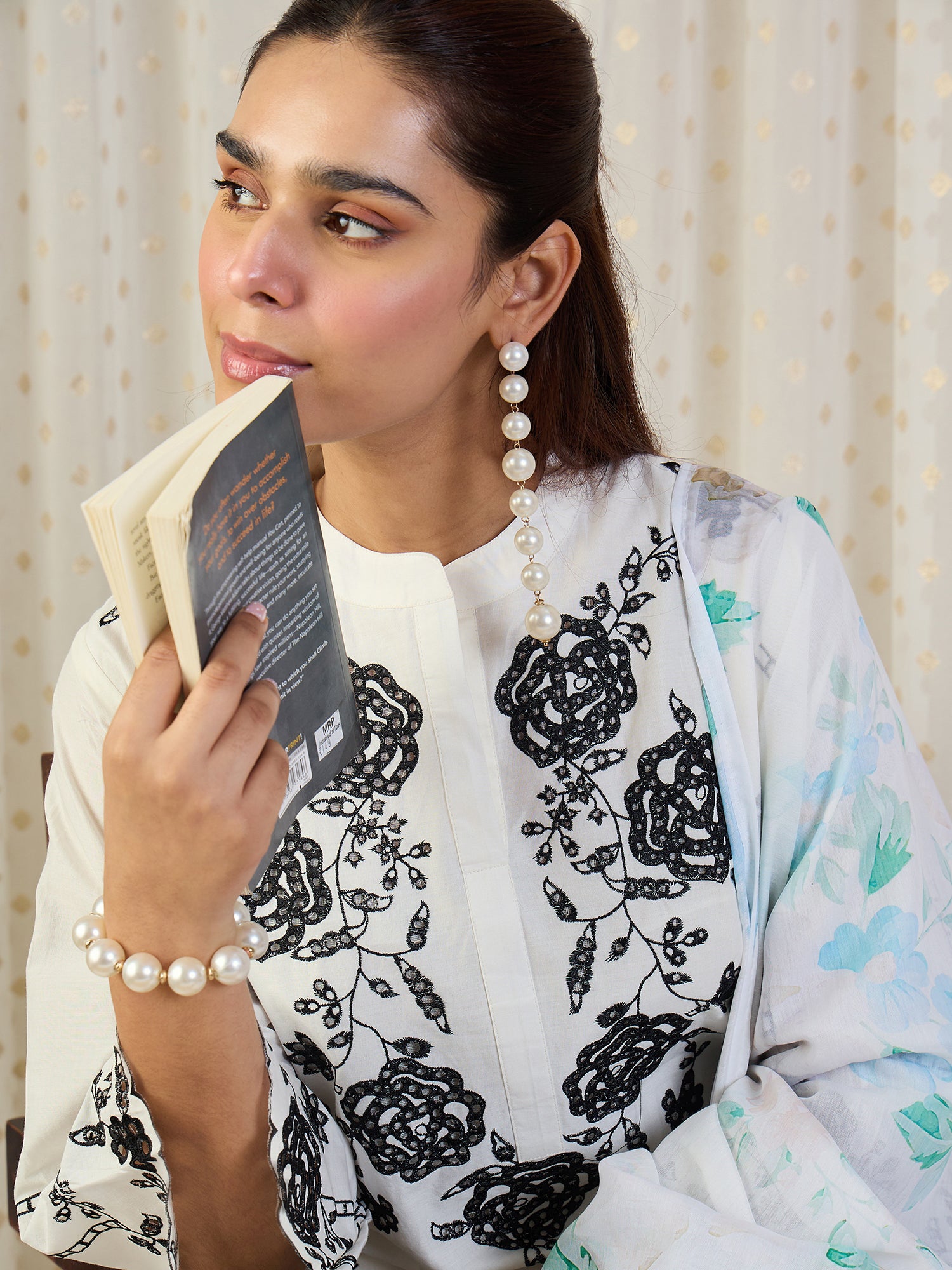 Indo Era Off White Embroidered Straight Kurta Palazzos With Dupatta Set