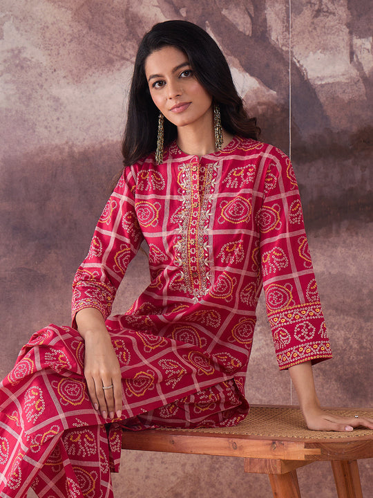Indo Era Pink Printed Straight Kurta Palazzos Set