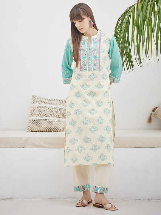 Off White Printed Pure Cotton Straight Kurta Trousers Set