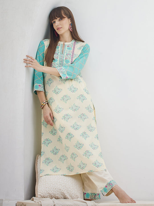 Off White Printed Pure Cotton Straight Kurta Trousers Set