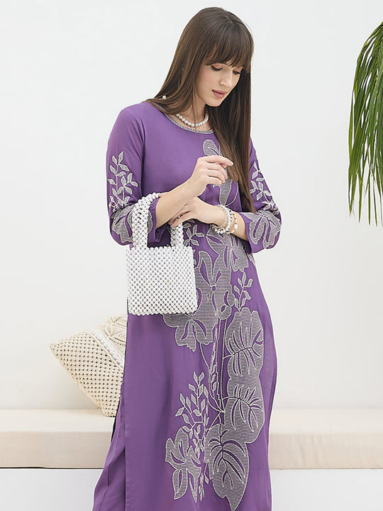 Purple Embroidered Viscose Rayon Straight Kurta Trousers Set