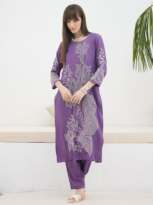 Purple Embroidered Viscose Rayon Straight Kurta Trousers Set