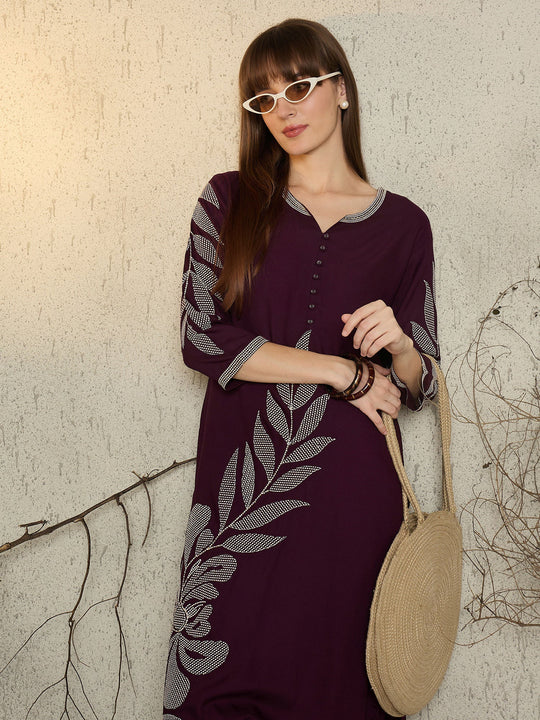Burgundy Embroidered Viscose Rayon Straight Kurta Trouser Set