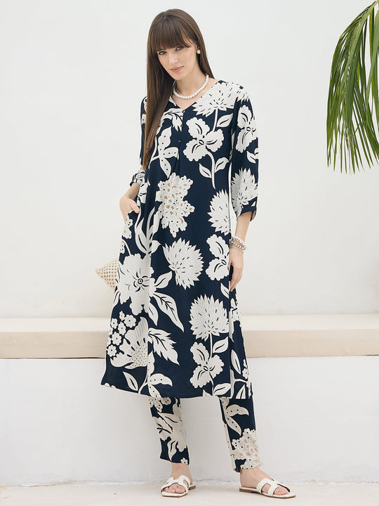 Black Printed Viscose Rayon A-Line Kurta Trousers Set