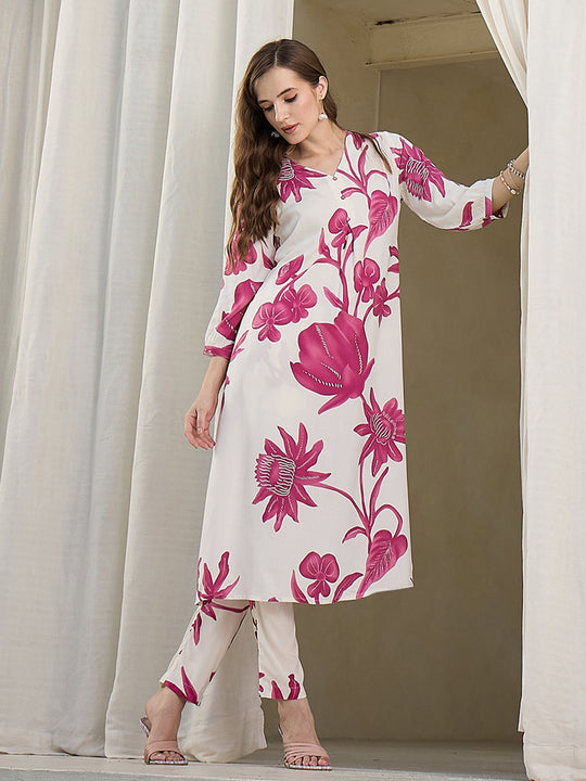 White Printed Viscose Rayon A-Line Kurta Trousers Set
