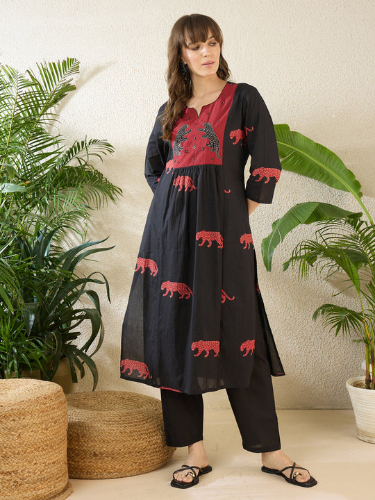 Indo Era Black Embroidered A-Line Kurta Trousers Set