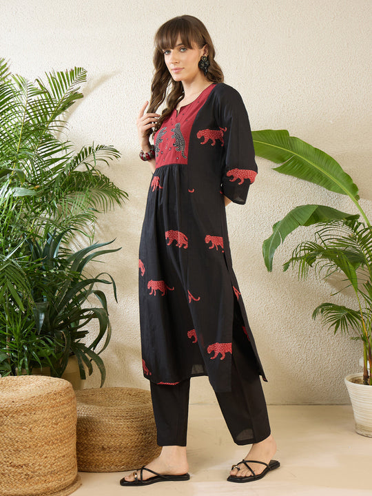 Indo Era Black Embroidered A-Line Kurta Trousers Set