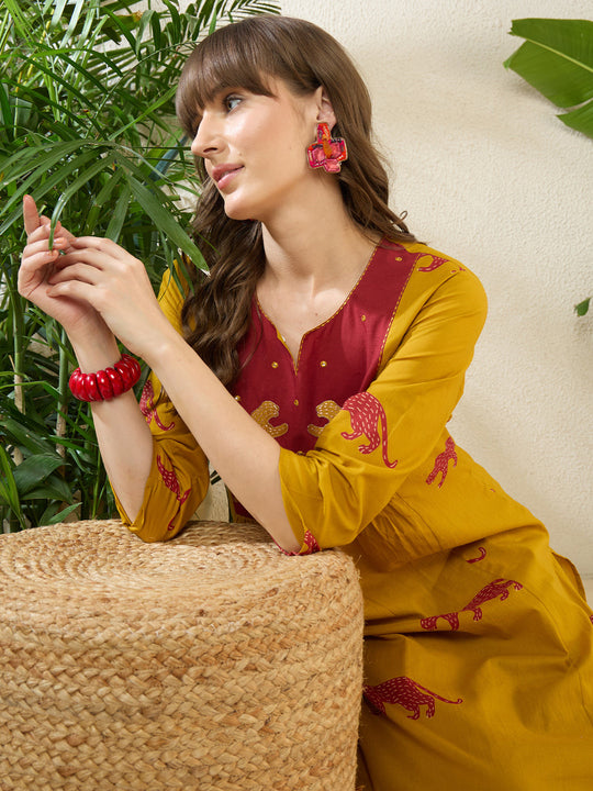 Indo Era Yellow Embroidered A-Line Kurta Trousers Set